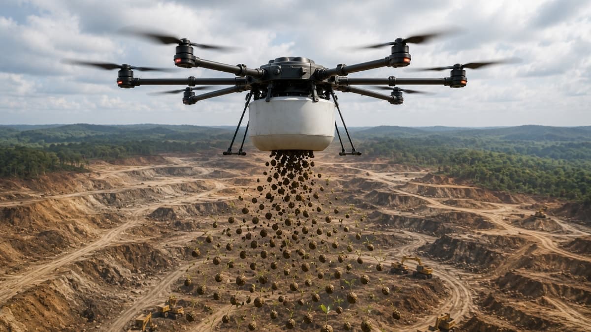 Çorak altın madeni arazisinde dronlarla binlerce fidan toprağa bırakıldı
